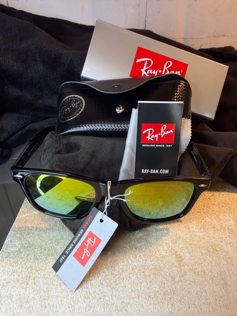 Ray Ban Sunglasses Black Frame WITH yellow Orange Lenses size 56 New